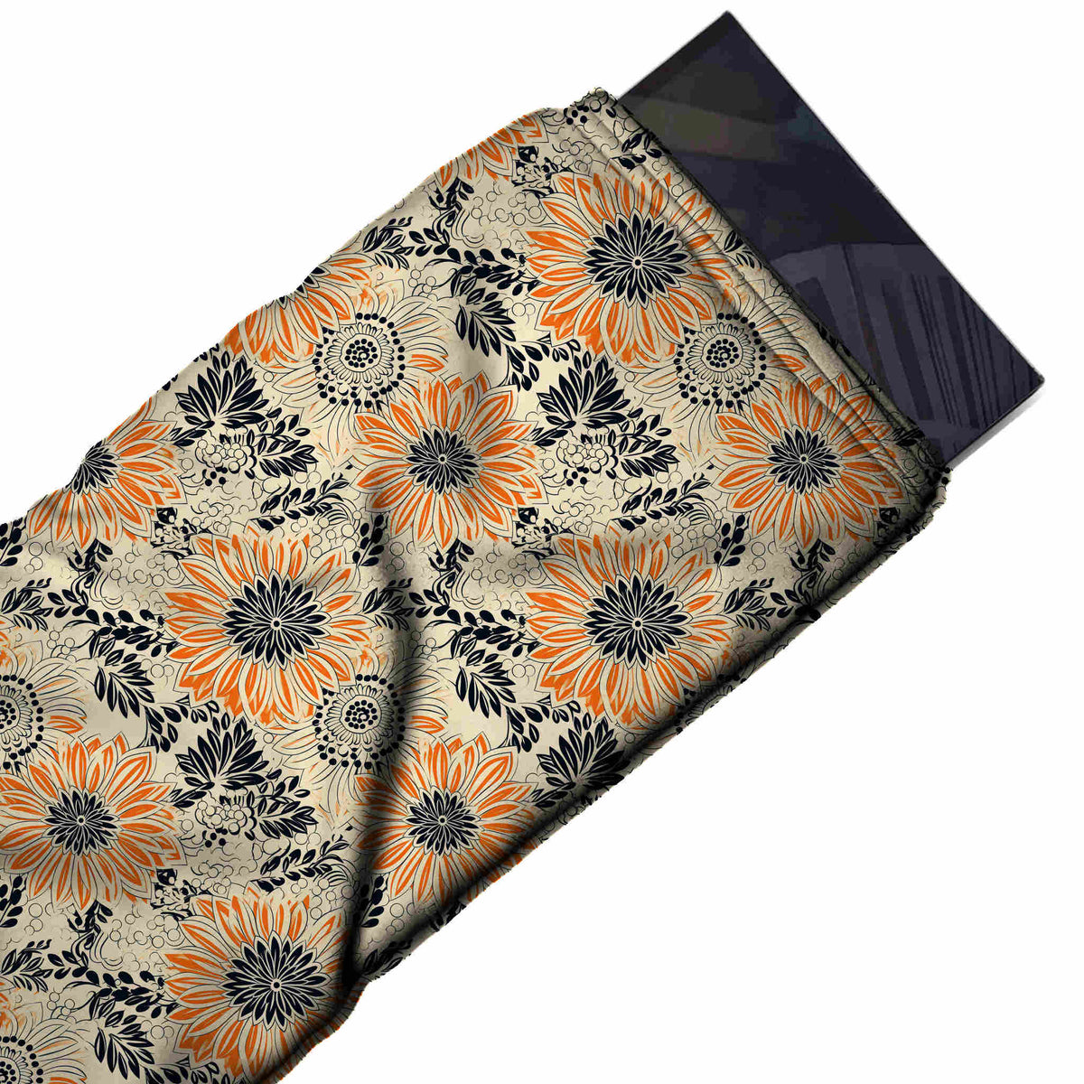 Flat fabric swatch: densely packed all-over layout of medium orange many-petalled flowers, design Design No_4201, Clothwala