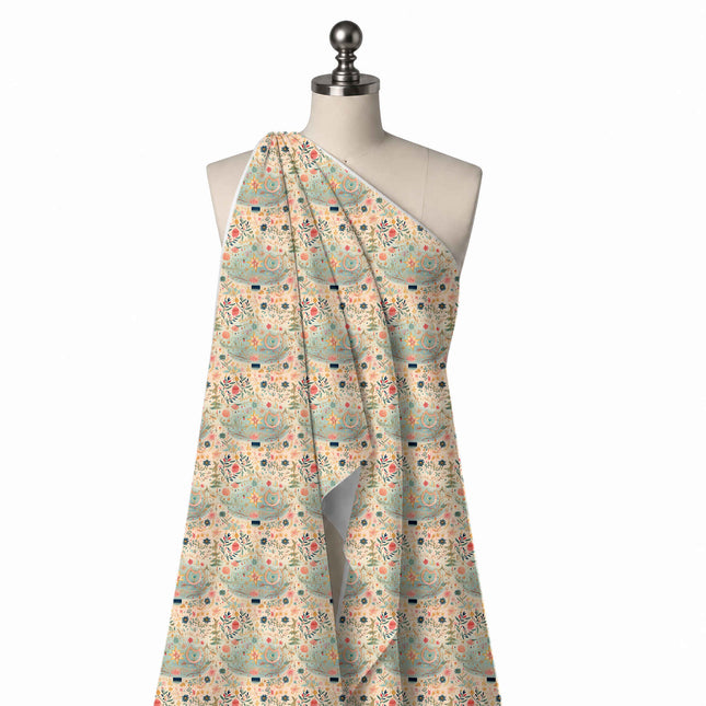 Draped on a mannequin: whimsical painterly print of pale sage-aqua dome shapes holding a, design Design No_4921, Clothwala