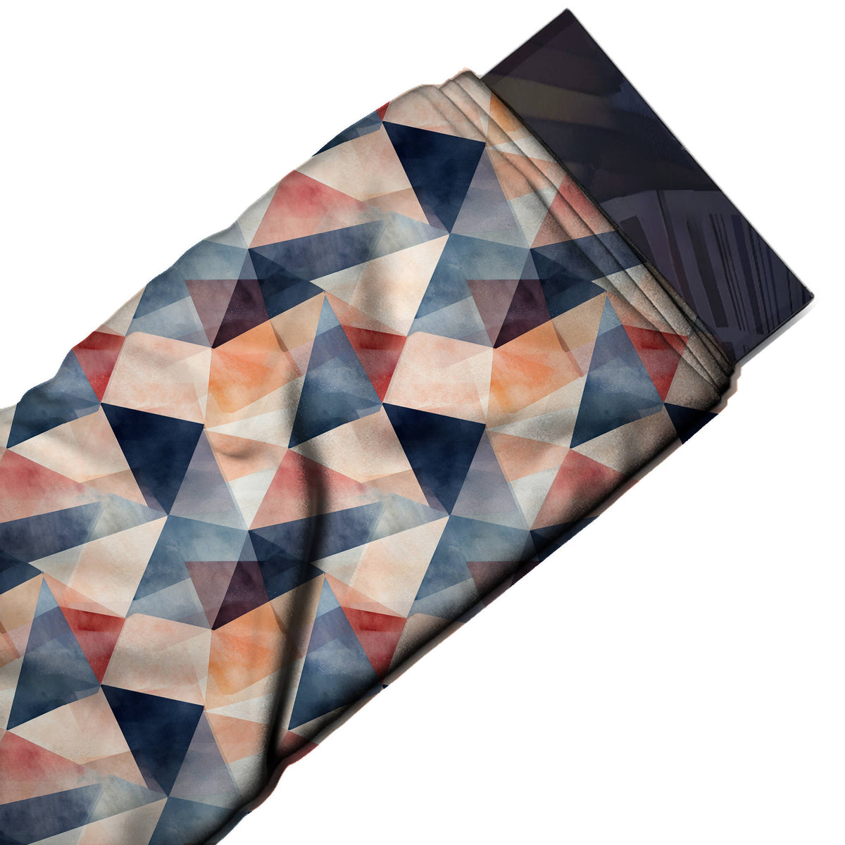 Flat fabric swatch: all-over patchwork of watercolour-washed triangles and trapezoids, design 3500, Clothwala