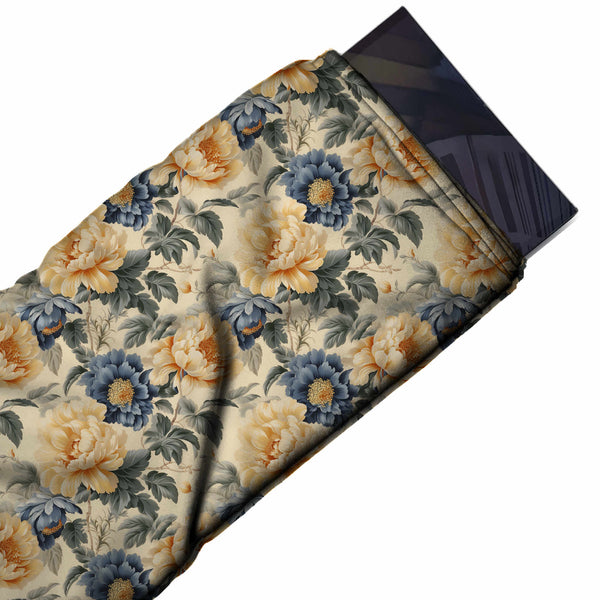 Cream & Peach Yellow Peony & Blue Anemone Printed Moss Crepe Fabric