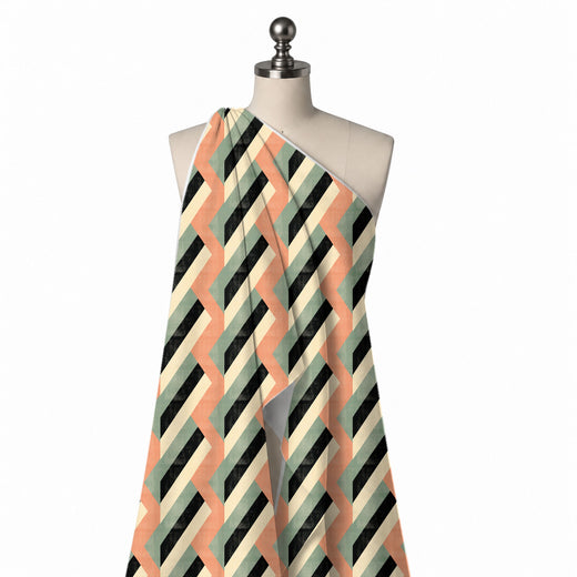 Cream & Peach Zigzag & Diagonals Printed Pure Natural Crepe Fabric