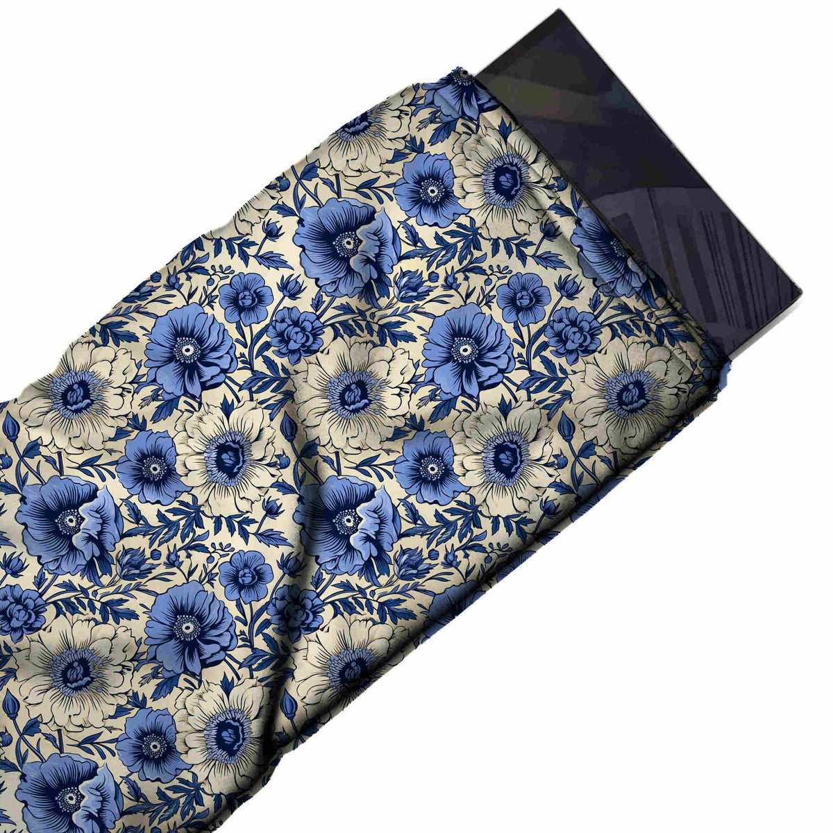 Flat fabric swatch: tightly packed all-over floral of medium-scale periwinkle blue poppies, design Design No_4555, Clothwala