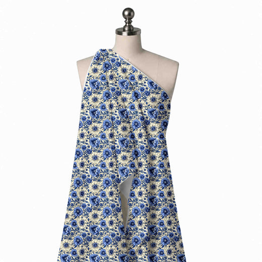 Cream & Periwinkle Blue Packed Blue & Cream Poppies Printed Pure Natural Crepe Fabric