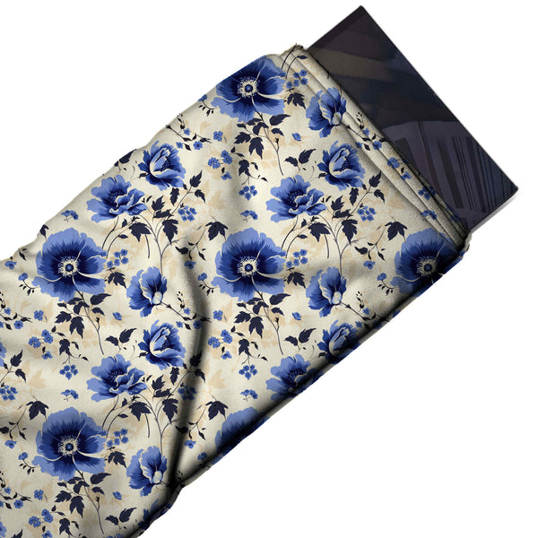 Cream & Periwinkle Blue Poppy & Dark Leaf Printed Pure Natural Crepe Fabric