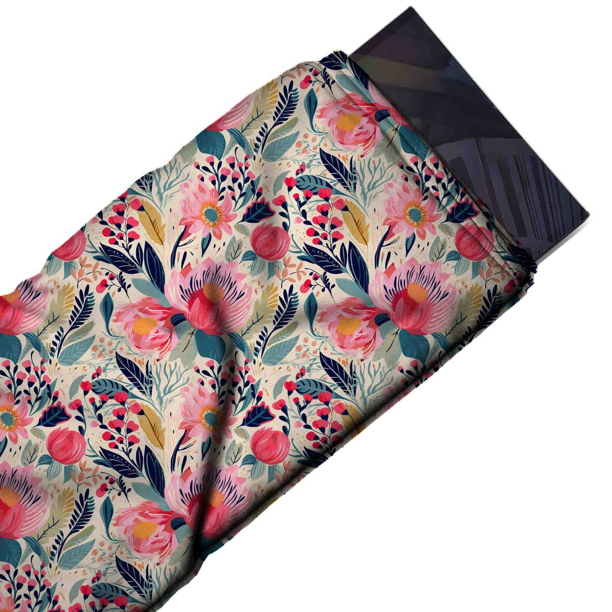 Flat fabric swatch: all-over floral of large pink and coral flowers with orange centres, design 3555, Clothwala