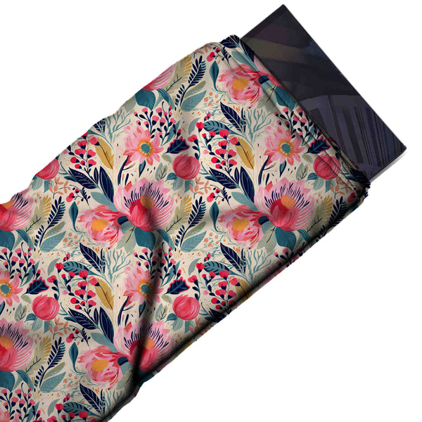 Cream & Pink Bloom & Berries Printed Crepe Fabric