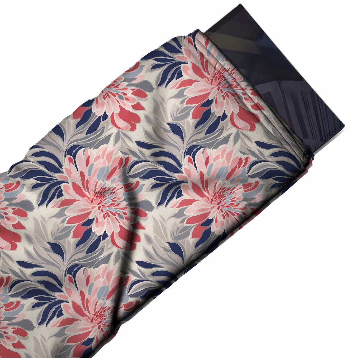 Flat fabric swatch: all-over floral of large flat-colour pink and red chrysanthemums surrounded, design 3557, Clothwala