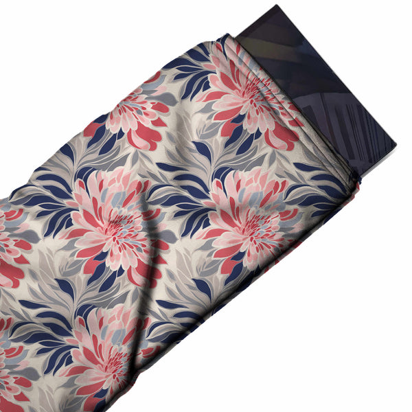 Cream & Pink Chrysanthemum Leafwork Printed Crepe Fabric