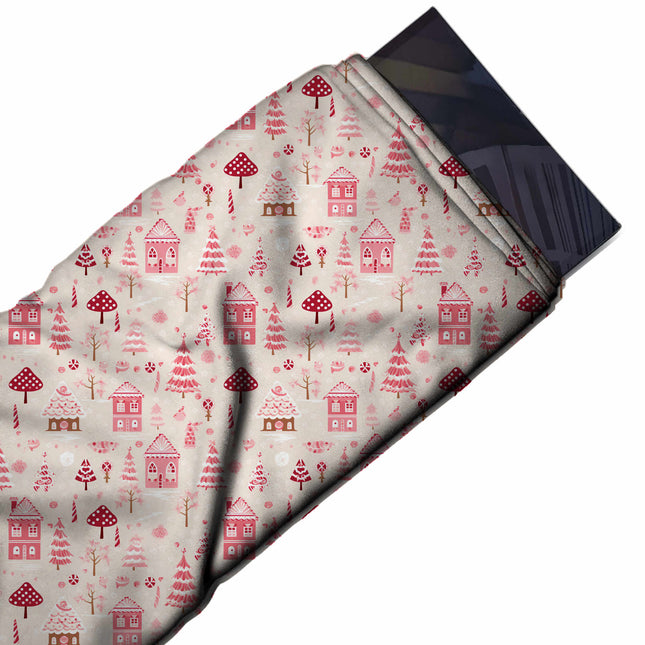 Flat fabric swatch: small-scale one-way print of flat-drawn pink houses, design Design No_4938, Clothwala