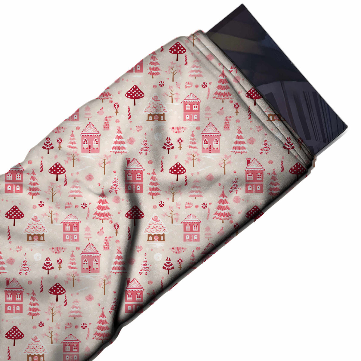 Flat fabric swatch: small-scale one-way print of flat-drawn pink houses, design Design No_4938, Clothwala