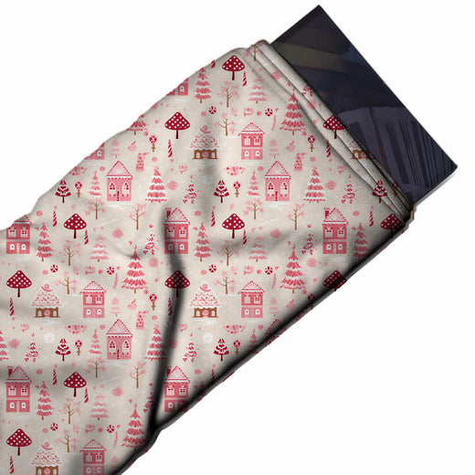 Flat fabric swatch: small-scale one-way print of flat-drawn pink houses, design Design No_4938, Clothwala