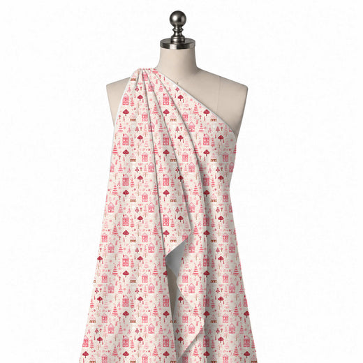 Cream & Pink Houses & Toadstools Printed Viscose Muslin Fabric