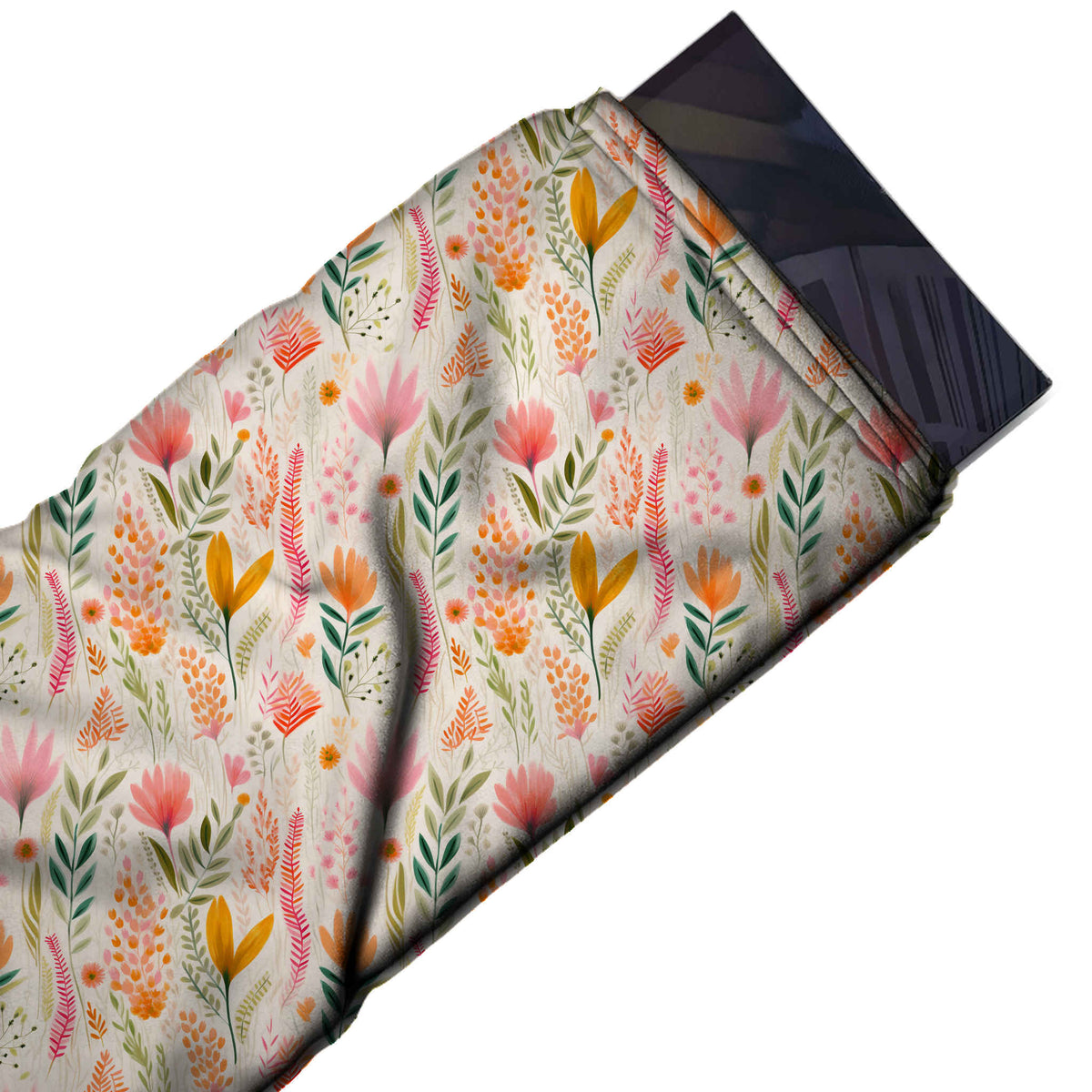 Flat fabric swatch: all-over one-way meadow of upright stems with pink and orange flowers, design 3570, Clothwala