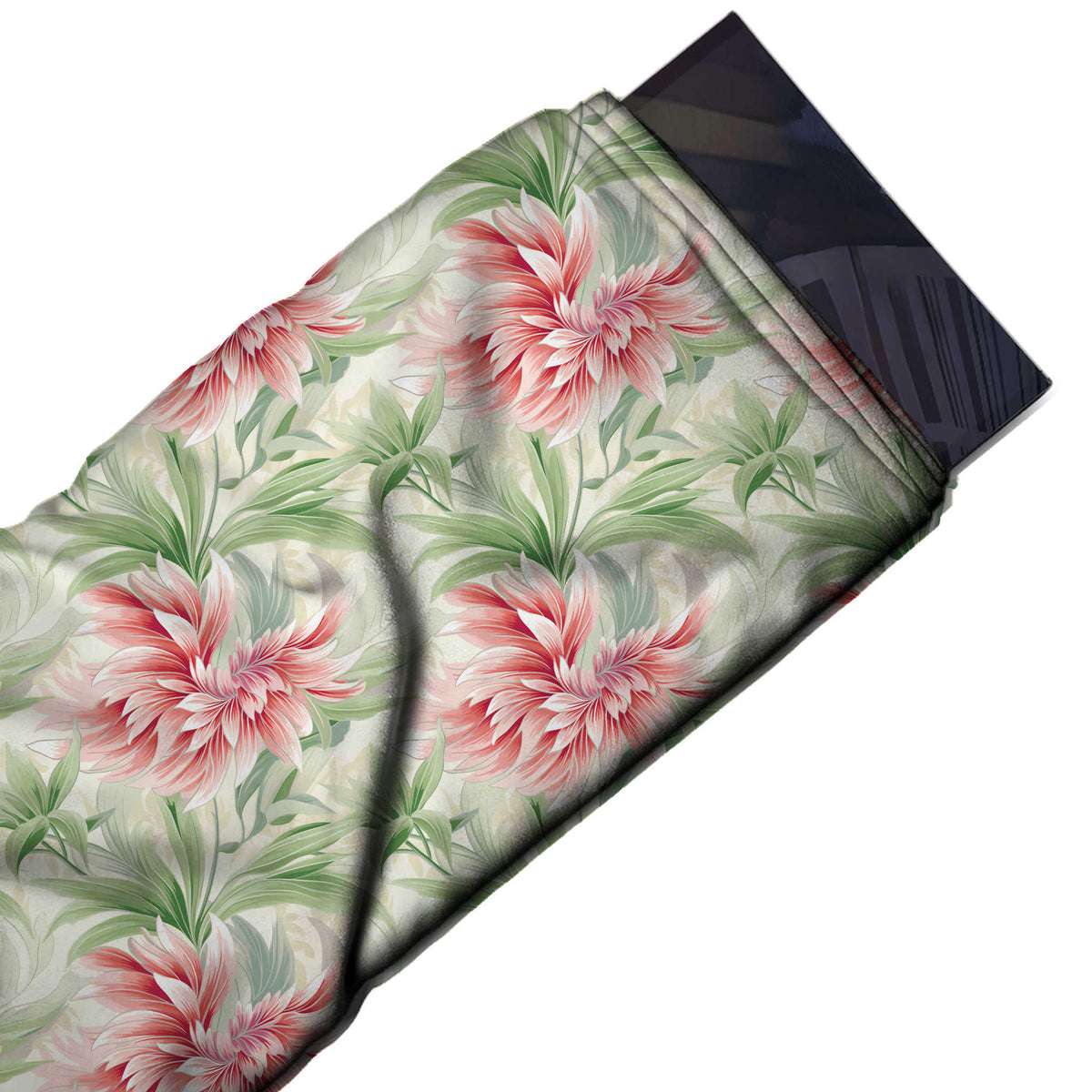 Flat fabric swatch: all-over one-way floral of large pink and coral red spiky-petalled dahlias, design 3571, Clothwala