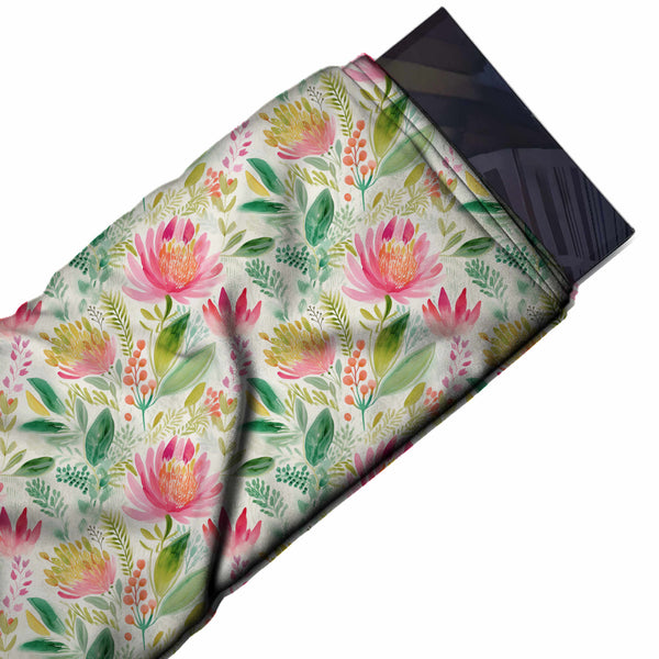 Cream & Pink Watercolour Protea Garden Printed Armani Satin Fabric