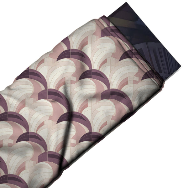 Cream & Plum Deco Plume Fans Printed French Crepe Fabric