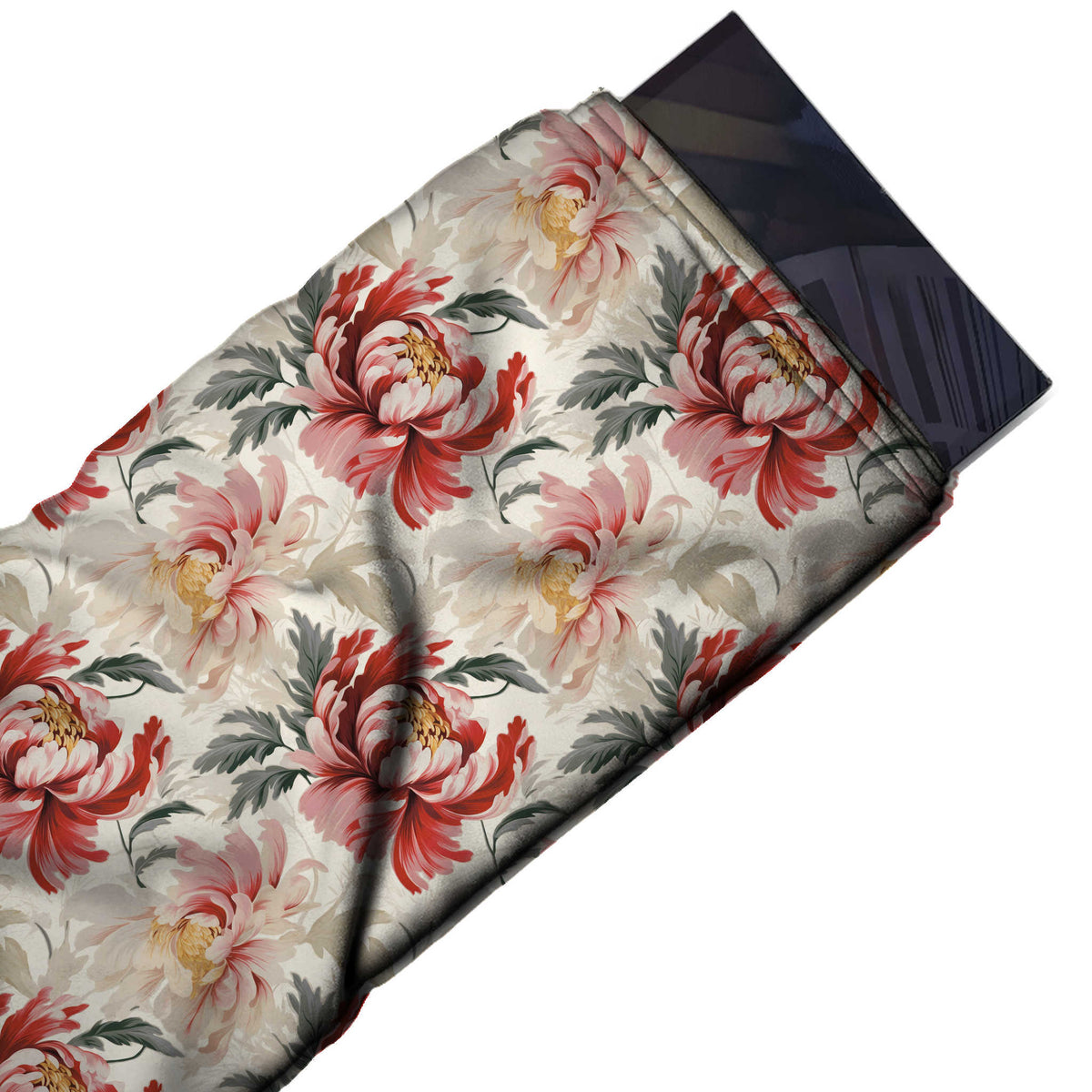 Flat fabric swatch: all-over floral of large red and blush pink peonies with yellow centres and grey, design 3577, Clothwala