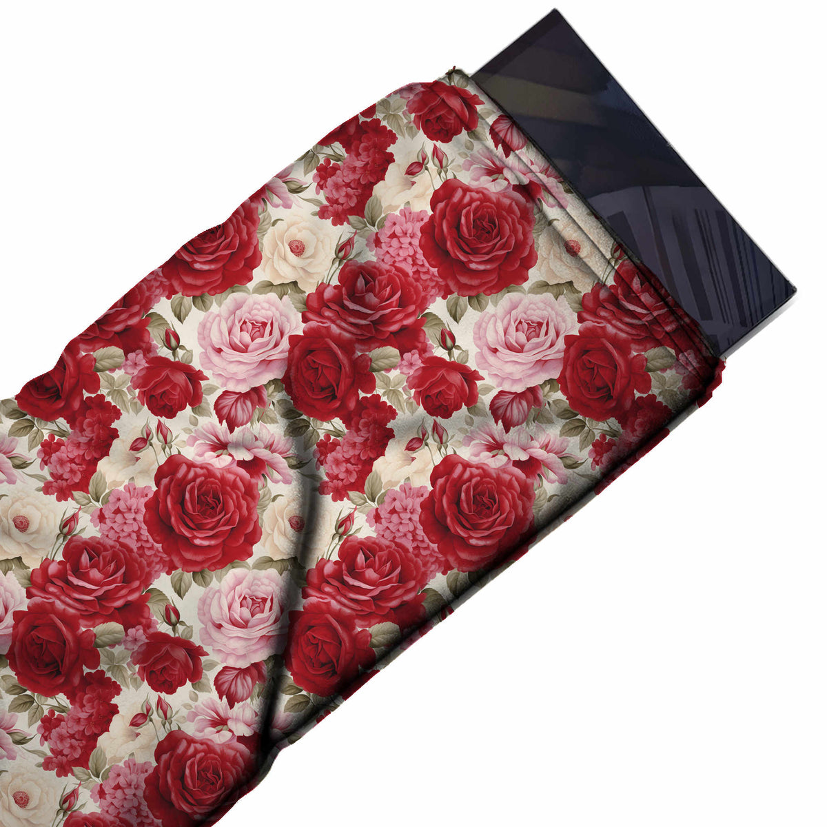 Flat fabric swatch: packed all-over layout of red and deep red roses with blush pink and white, design 3623, Clothwala