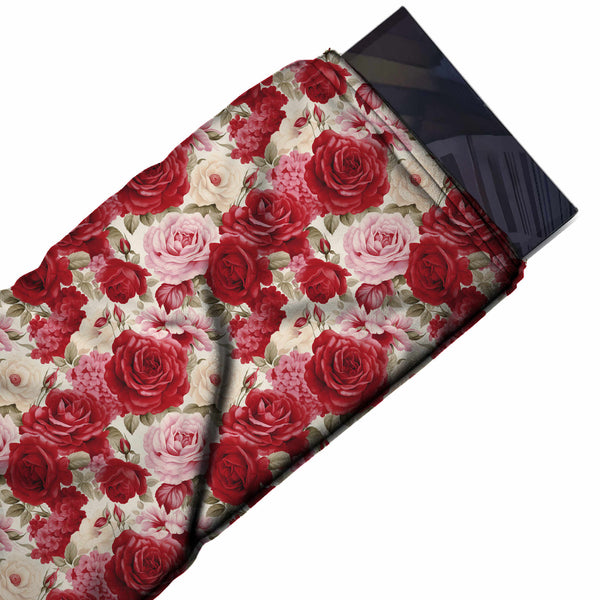 Cream & Red & Blush Rose Printed Armani Satin Fabric