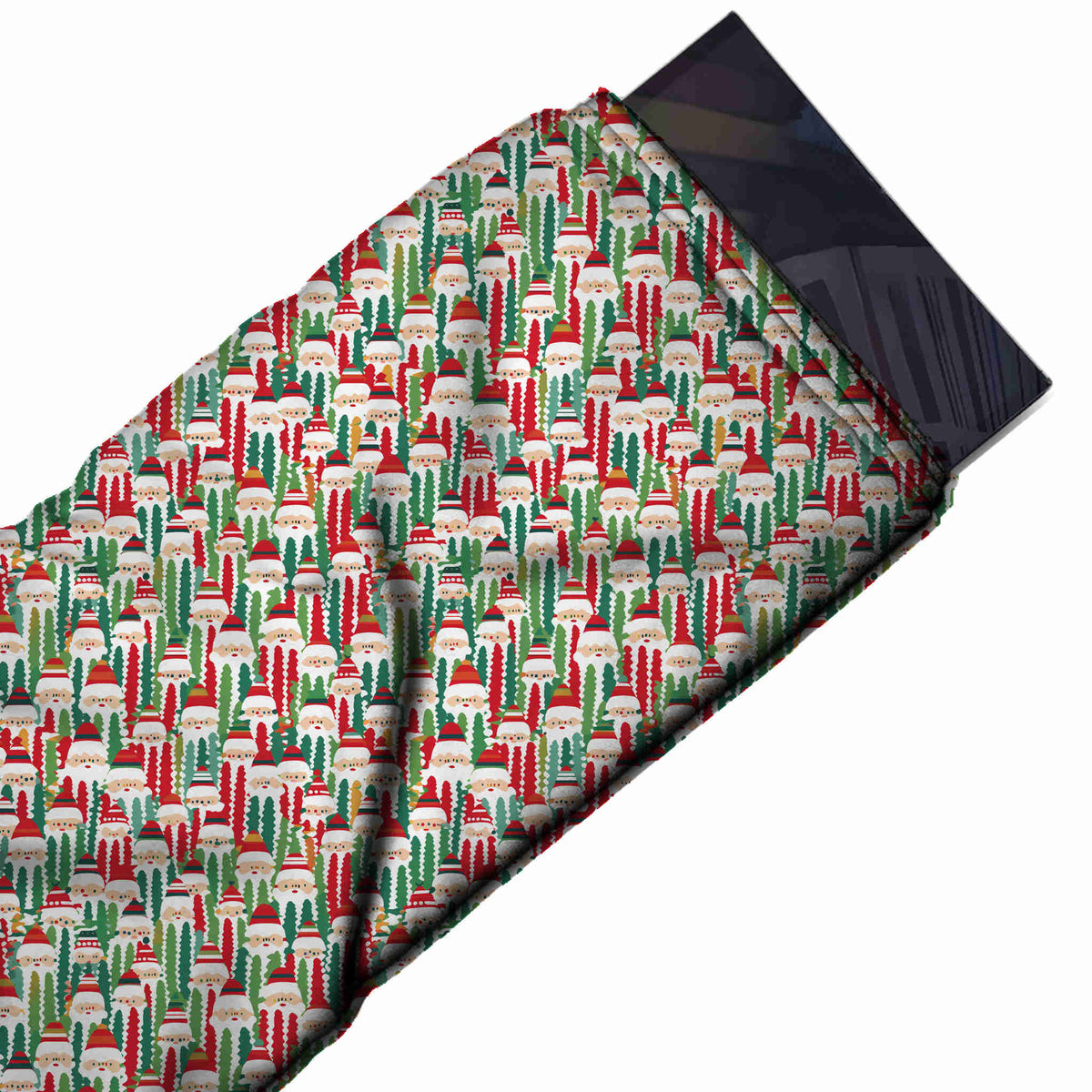 Flat fabric swatch: very dense micro-scale all-over layout of tiny Santa faces in red hats, design Design No_4525, Clothwala