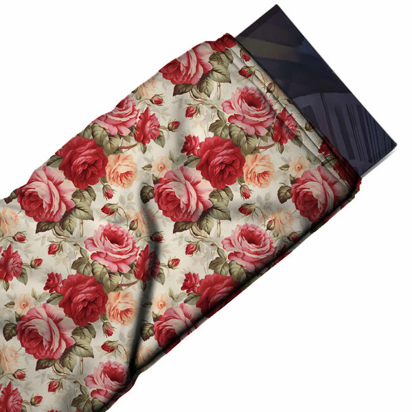 Cream & Red & Peach Rose Printed Armani Satin Fabric