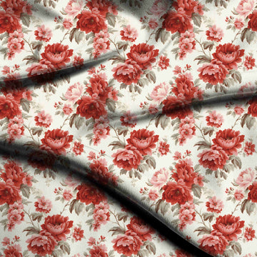 Cream & Red Peony Sprays Printed Armani Satin Fabric