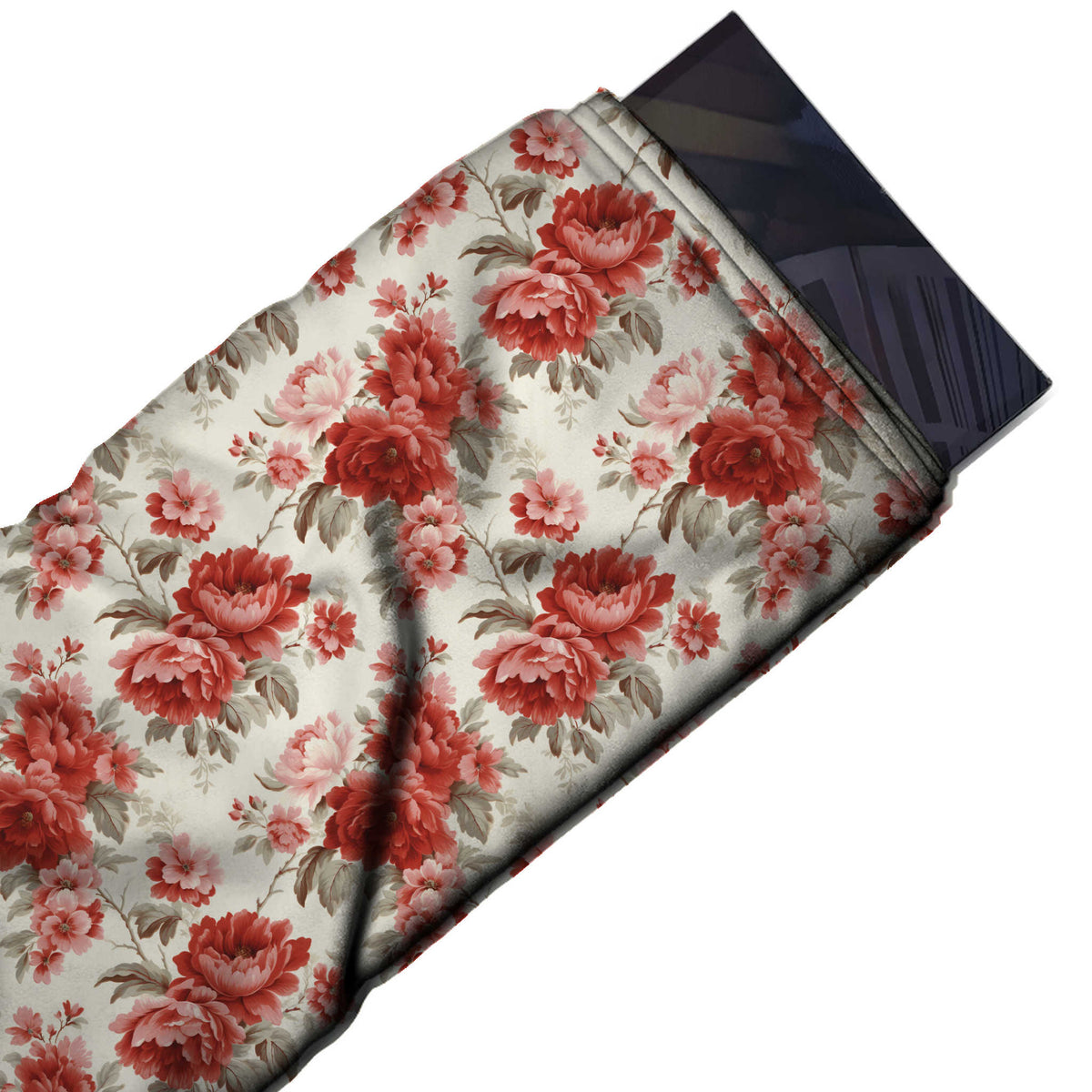 Flat fabric swatch: spaced all-over floral of medium-scale red and coral peonies with smaller pink, design 3641, Clothwala