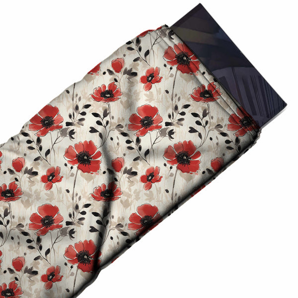 Cream & Red Poppy Stems Printed Armani Satin Fabric