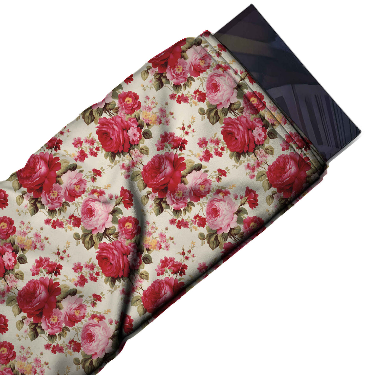 Flat fabric swatch: all-over layout of red and rose pink roses with blush roses, design 3628, Clothwala