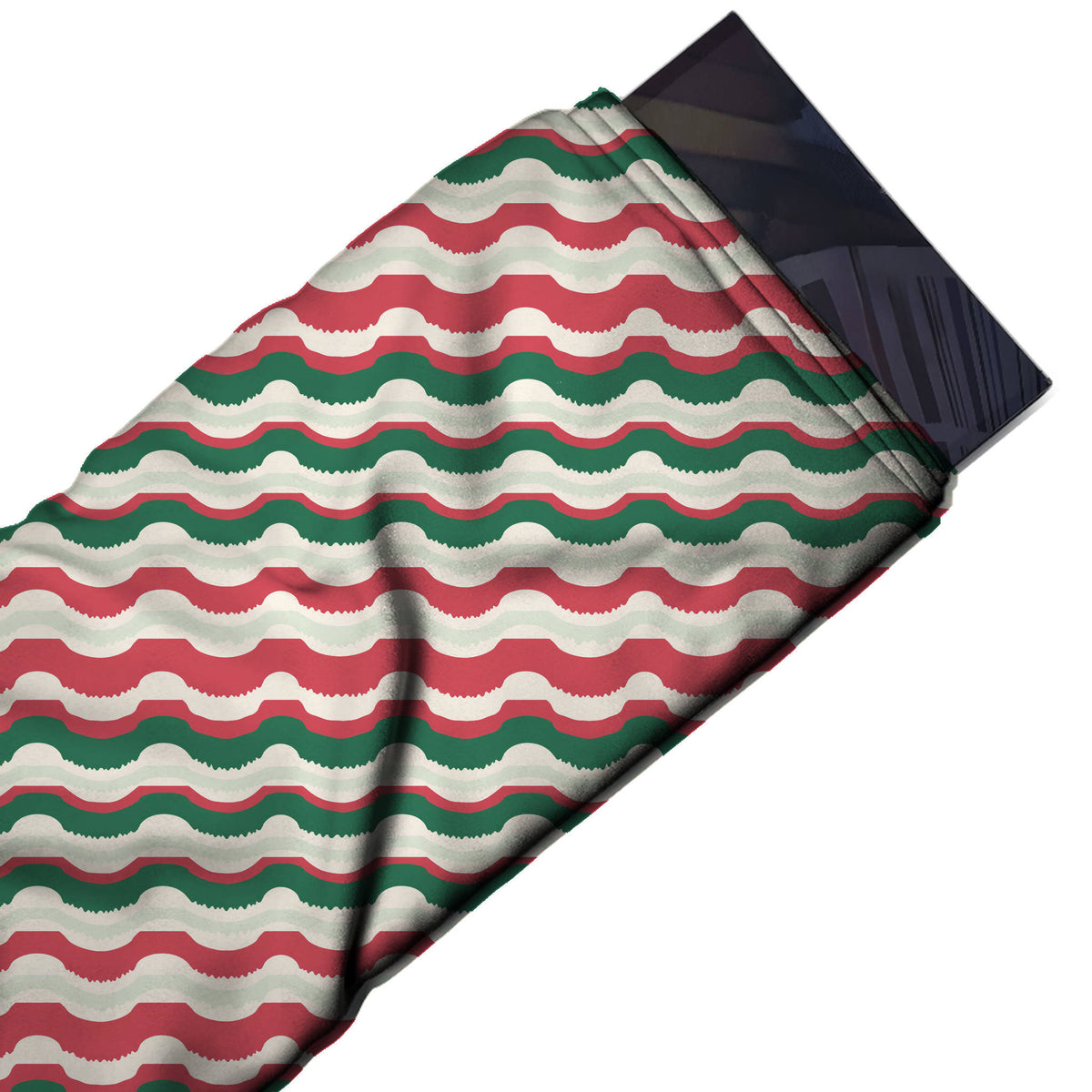 Flat fabric swatch: all-over horizontal stripe of scalloped wave bands alternating red and, design Design No_4841, Clothwala