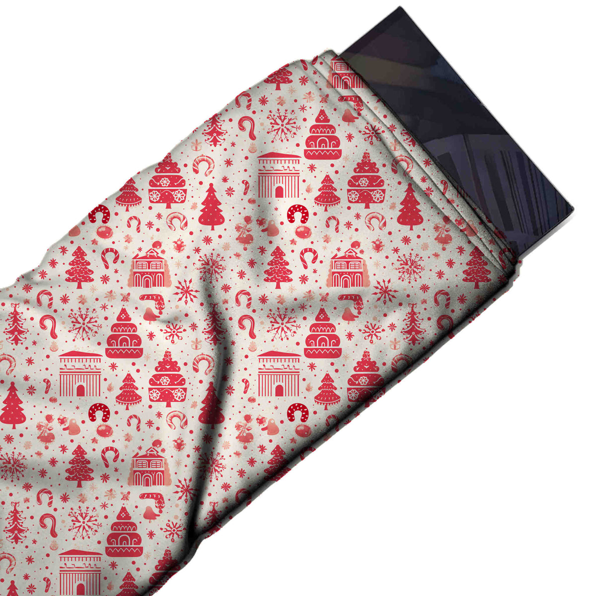 Flat fabric swatch: all-over one-way print of flat red Christmas trees, design Design No_4961, Clothwala
