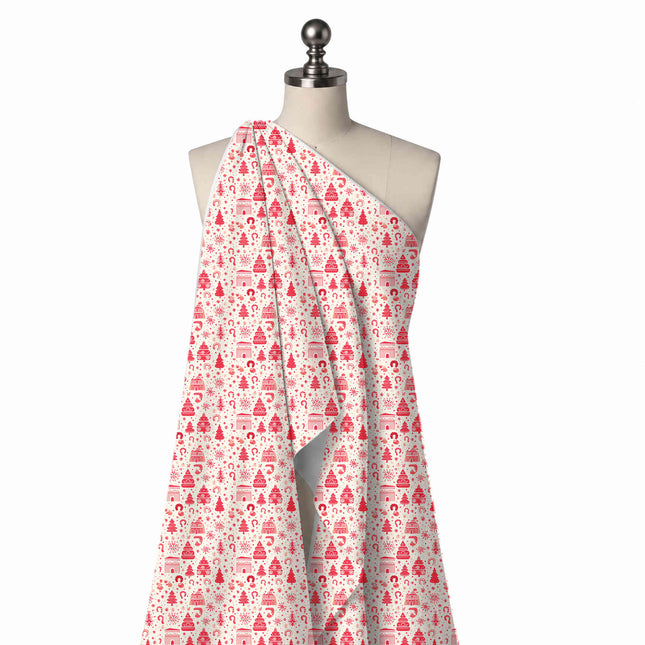 Draped on a mannequin: all-over one-way print of flat red Christmas trees, design Design No_4961, Clothwala