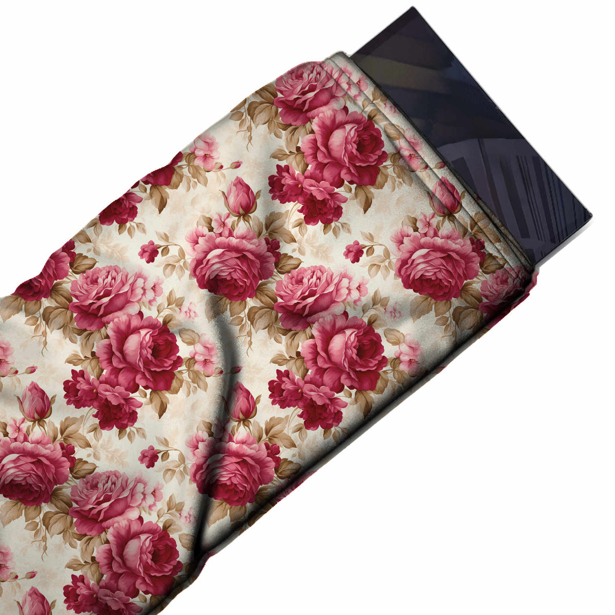 Flat fabric swatch: all-over layout of shaded rose pink and crimson cabbage roses in groups, design 3615, Clothwala