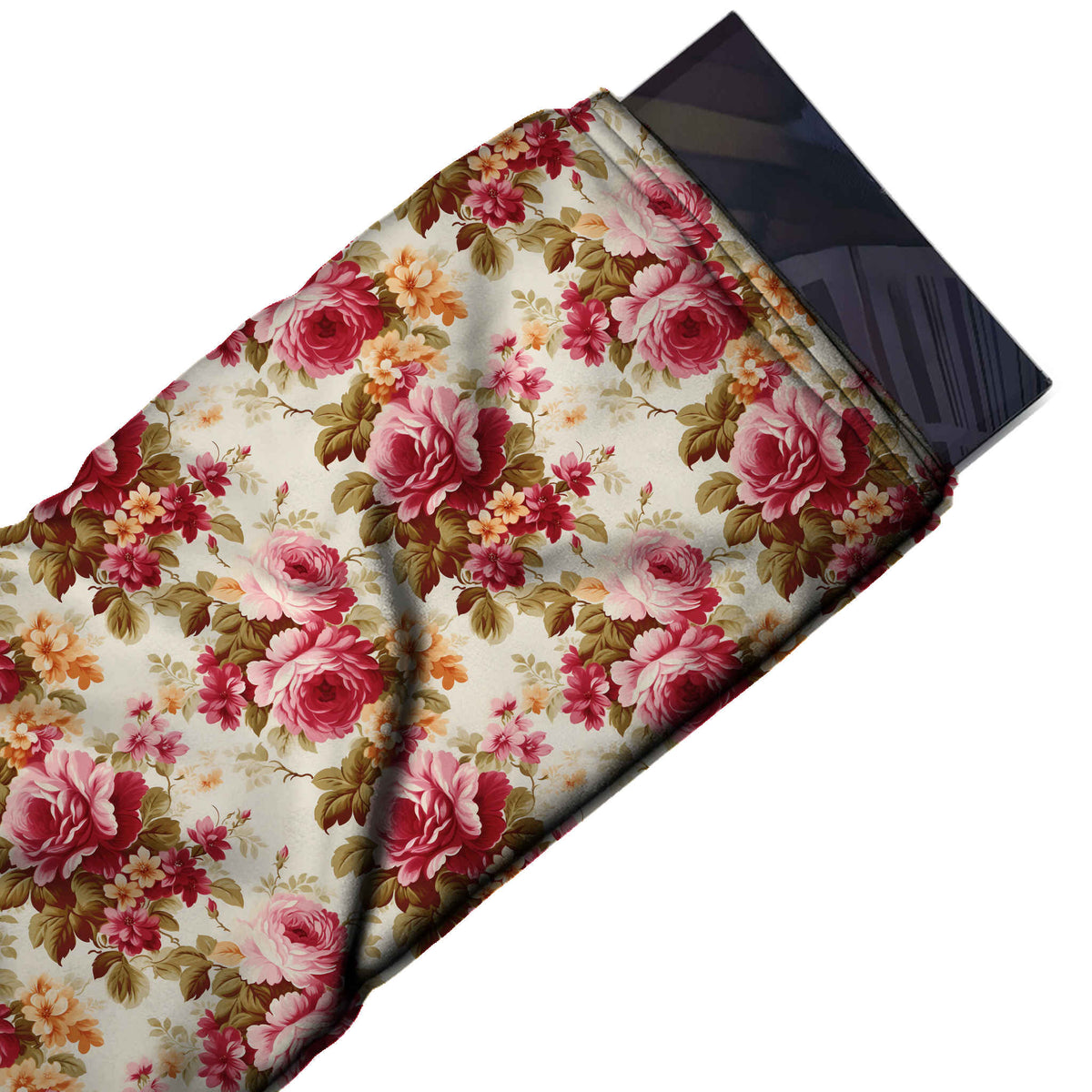 Flat fabric swatch: all-over layout of bouquets with rose pink and deep red roses, design 3625, Clothwala