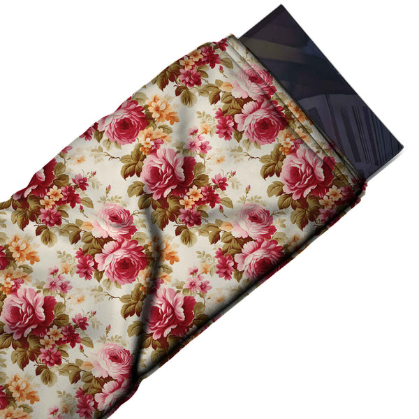 Cream & Rose Pink & Peach Blossom Printed Armani Satin Fabric