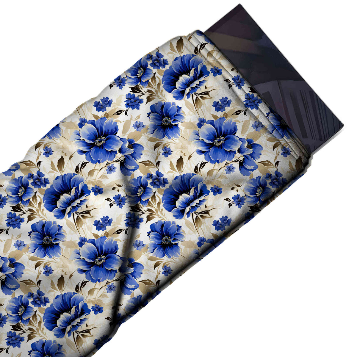 Flat fabric swatch: dense all-over large-scale floral of shaded royal blue anemones and, design Design No_4575, Clothwala