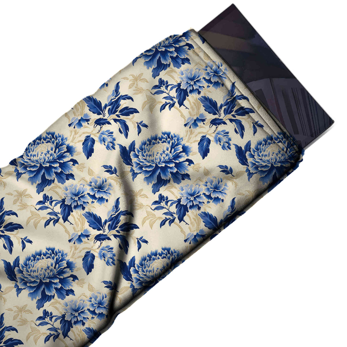 Flat fabric swatch: all-over large-scale floral of layered royal blue chrysanthemum heads, design Design No_4564, Clothwala