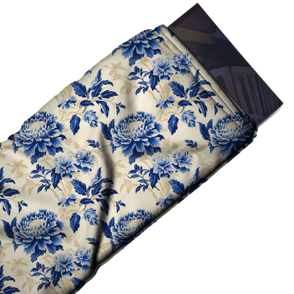Cream & Royal Blue Chrysanthemum & Sand Scroll Printed Pure Natural Crepe Fabric