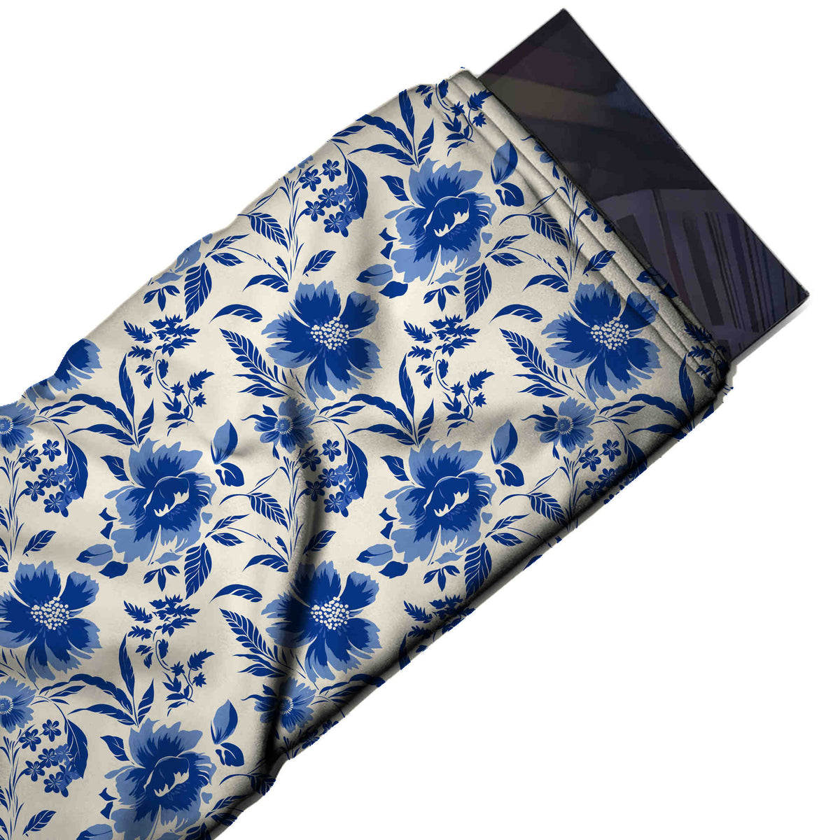 Flat fabric swatch: all-over medium-scale floral in flat royal blue and periwinkle tones, design Design No_4551, Clothwala