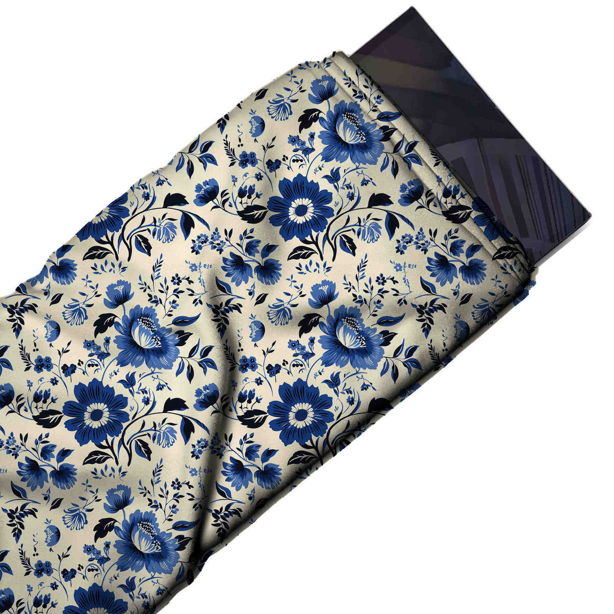 Flat fabric swatch: dense all-over folk-style floral of royal blue daisies with white, design Design No_4553, Clothwala