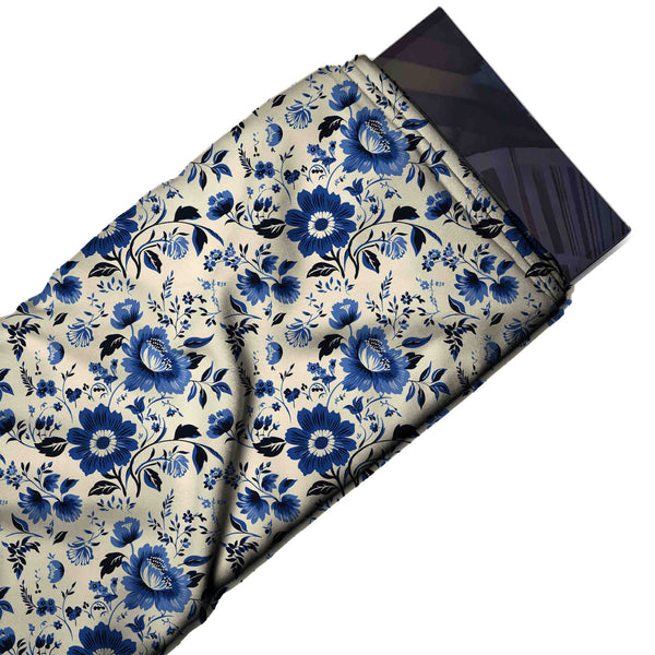 Cream & Royal Blue Daisy & Black Leaf Printed Pure Natural Crepe Fabric