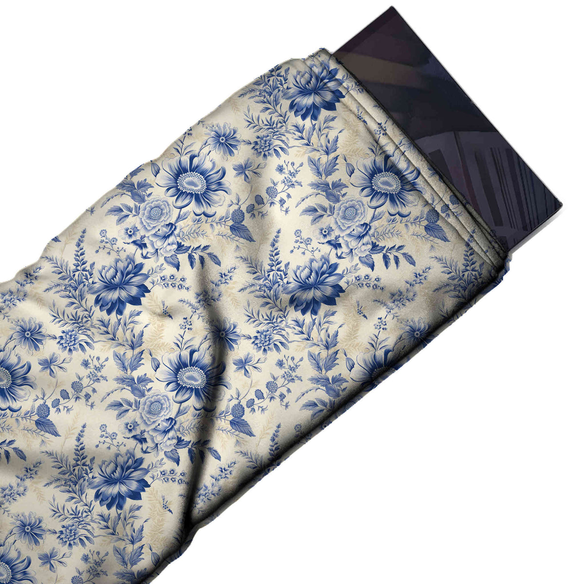 Flat fabric swatch: dense all-over layout of royal blue daisy-like blooms and peonies, design 3600, Clothwala
