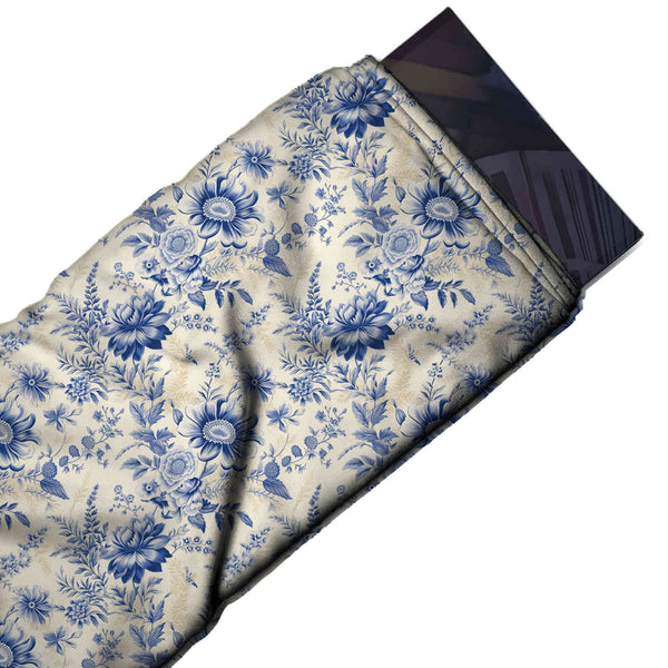 Cream & Royal Blue Daisy & Peony Printed Armani Satin Fabric