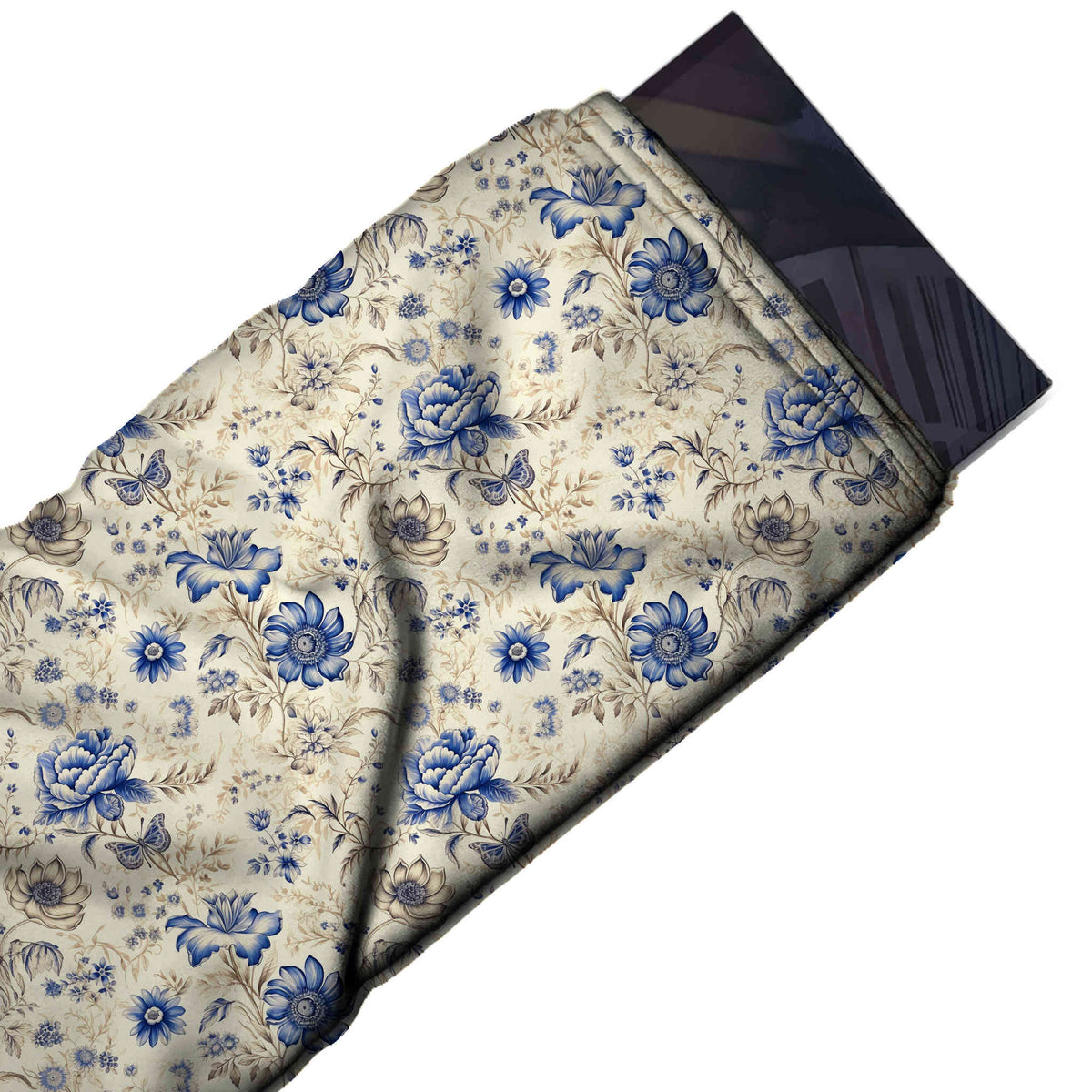 Flat fabric swatch: tossed all-over layout of royal blue and periwinkle peonies, design 3596, Clothwala