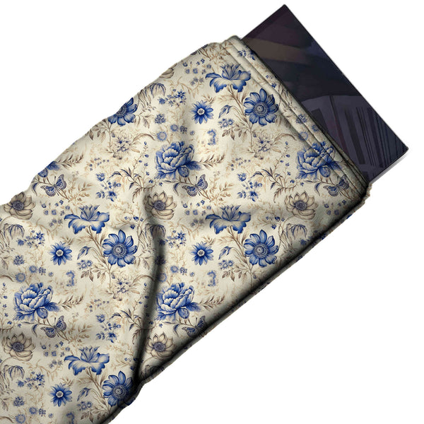 Cream & Royal Blue Peony Lily & Butterfly Printed Armani Satin Fabric