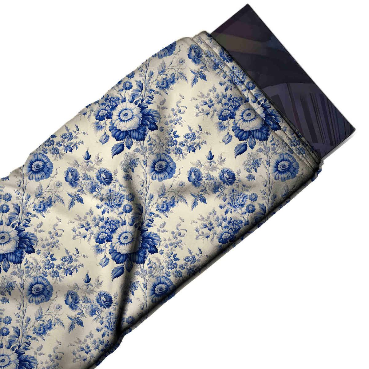 Flat fabric swatch: all-over layout of royal blue and navy open blooms with pale centres stacked, design 3594, Clothwala