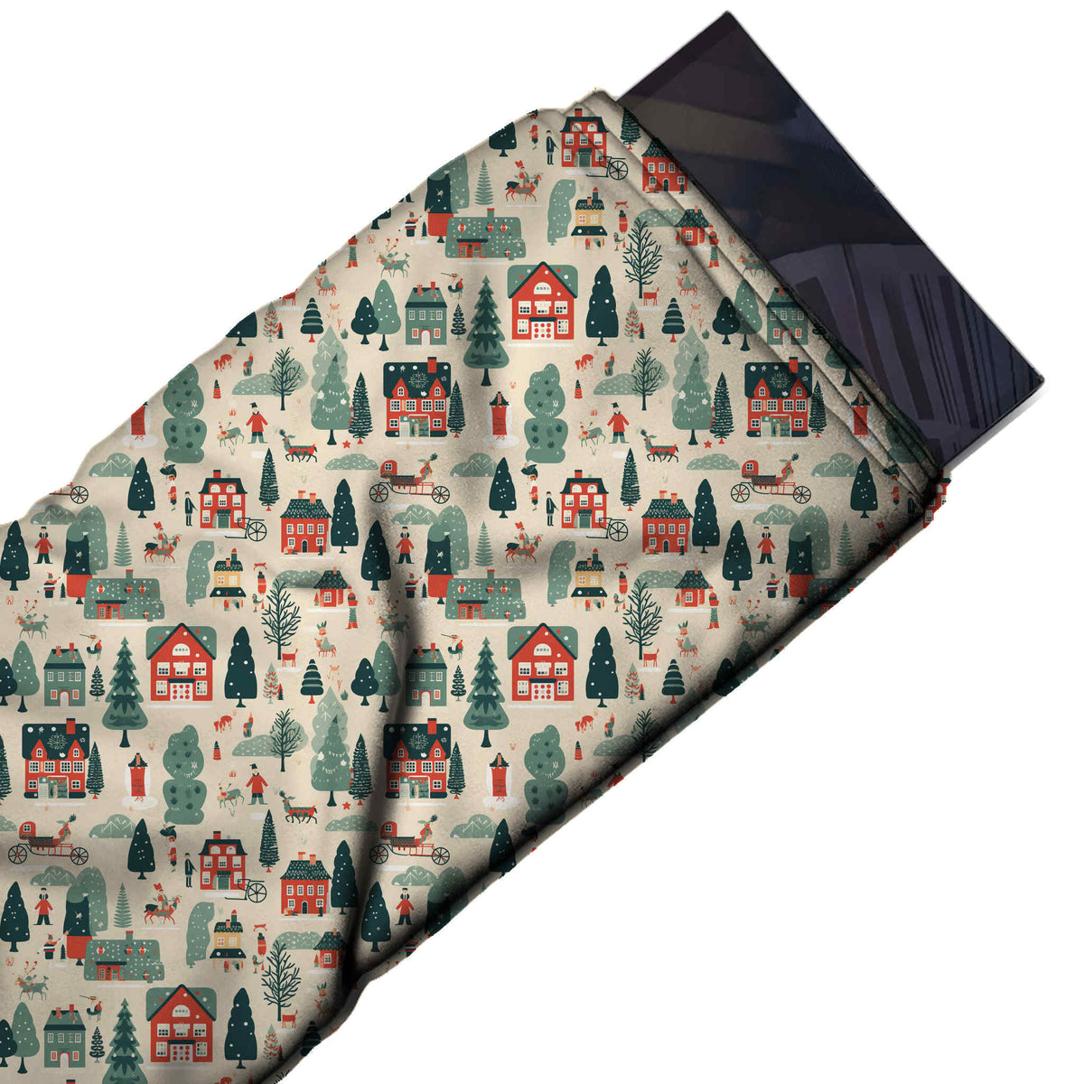 Flat fabric swatch: small-scale all-over one-way scenic print of coral red houses, design Design No_4730, Clothwala