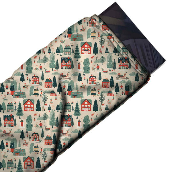 Cream & Sage Green Winter Village & Carriages Printed Printed American Crepe Fabric Fabric