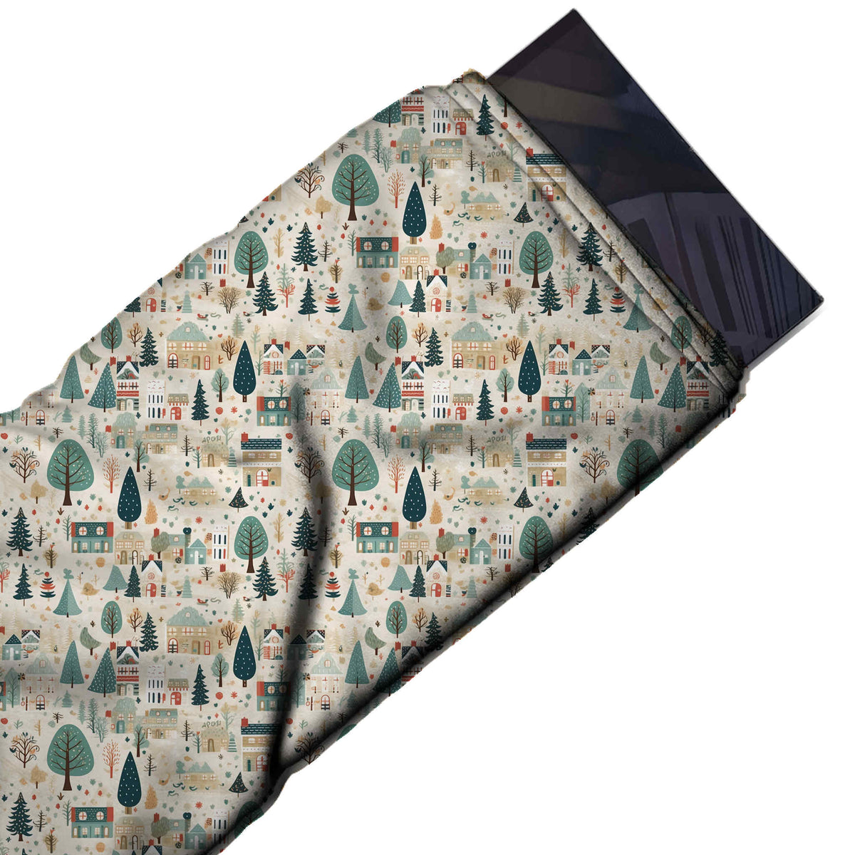 Flat fabric swatch: busy one-way all-over print of small rounded sage teal trees, design Design No_4657, Clothwala