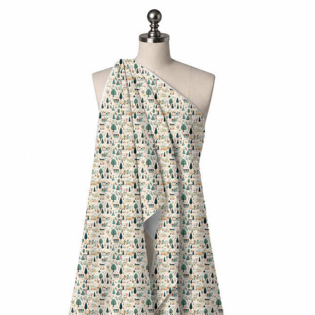 Draped on a mannequin: busy one-way all-over print of small rounded sage teal trees, design Design No_4657, Clothwala